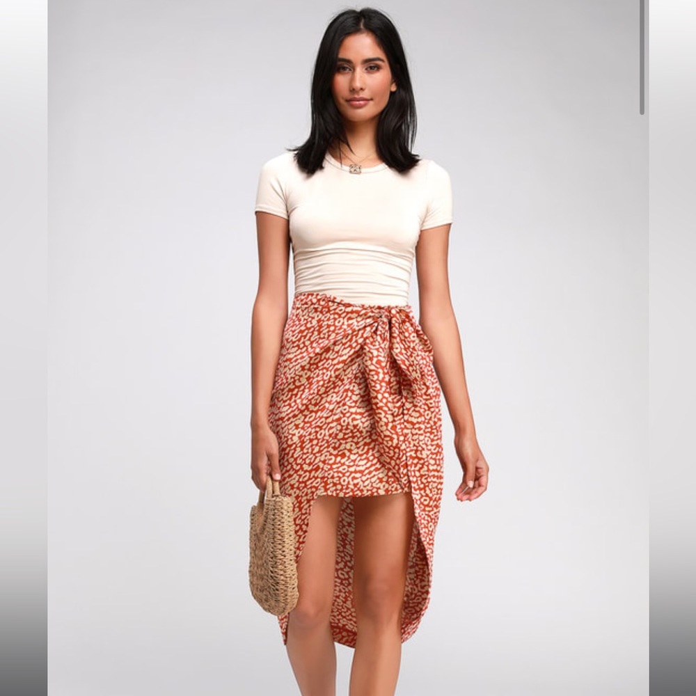 Wild For You Red Leopard Print Satin Tie-Front High-Low Skirt